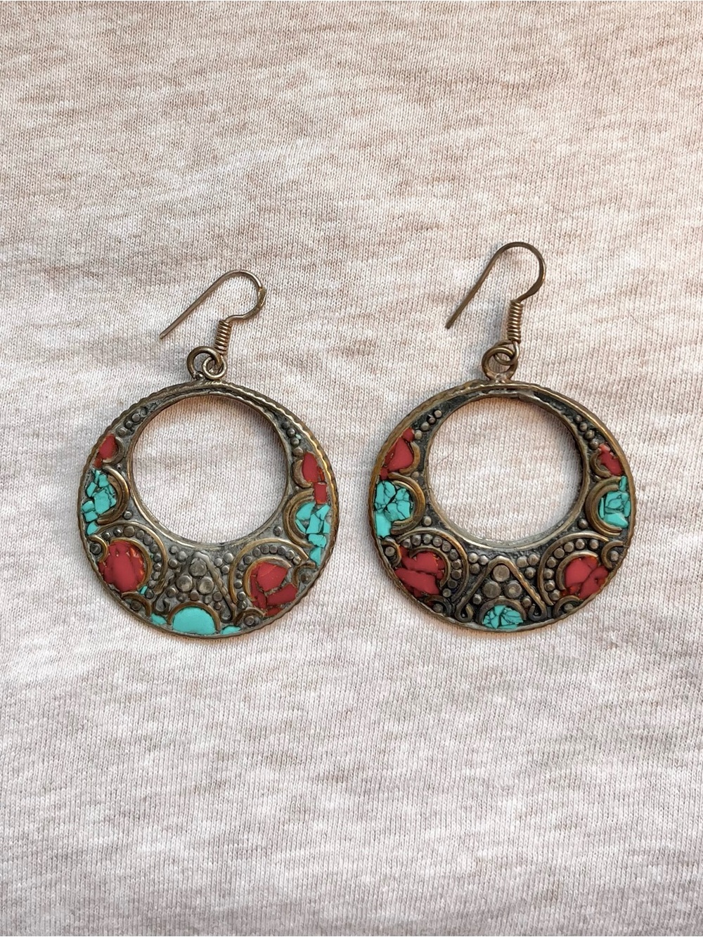 Tibetan Turquoise and Red Coral Brass Hoop Earrings